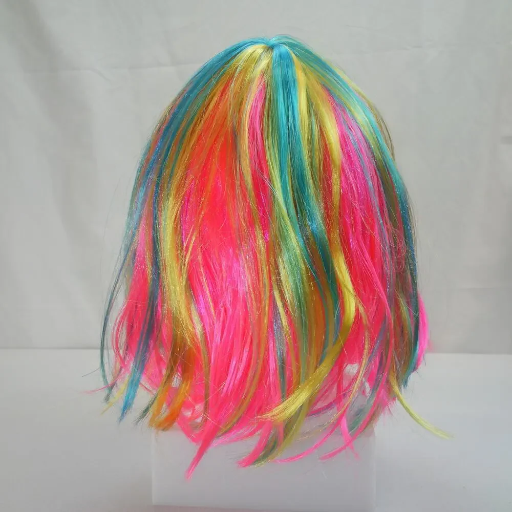 Neon Rainbow Cosplay Wig – Pink with Blue Yellow Green Streaks – Costume Hair